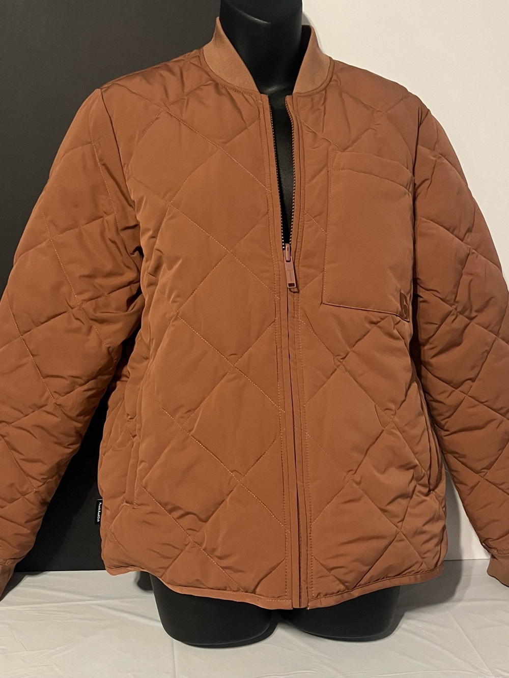 Frank & Oak Quilted Bomber Jacket in Rust Brown